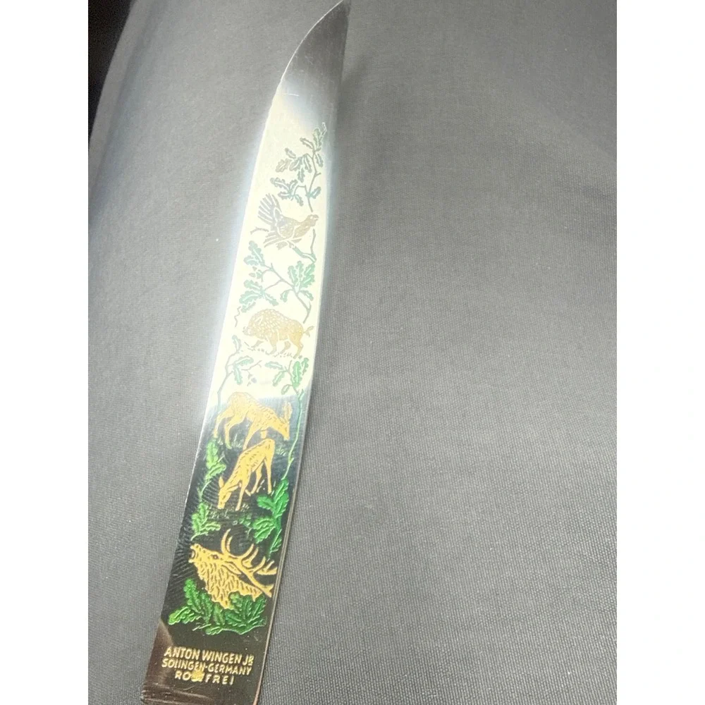 Anton Wingen Jr Solingen Germany‎ Stag Horn Steak Knives Set of 6 Etched Hunting